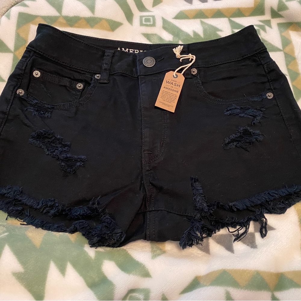 American Eagle Black Hi-Rise Festival Distressed Woman’s Jean Shorts Size: 8